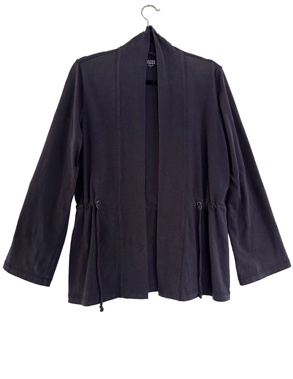 EILEEN FISHER Drawstring Cardigan M Stretch Organic Cotton Open Front Indigo/Blu